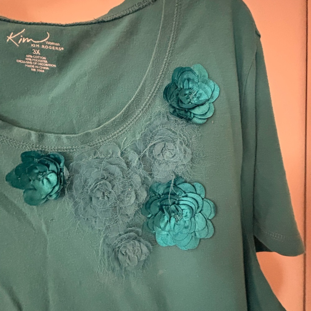 Kim Rogers Teal Floral Embellished Blouse